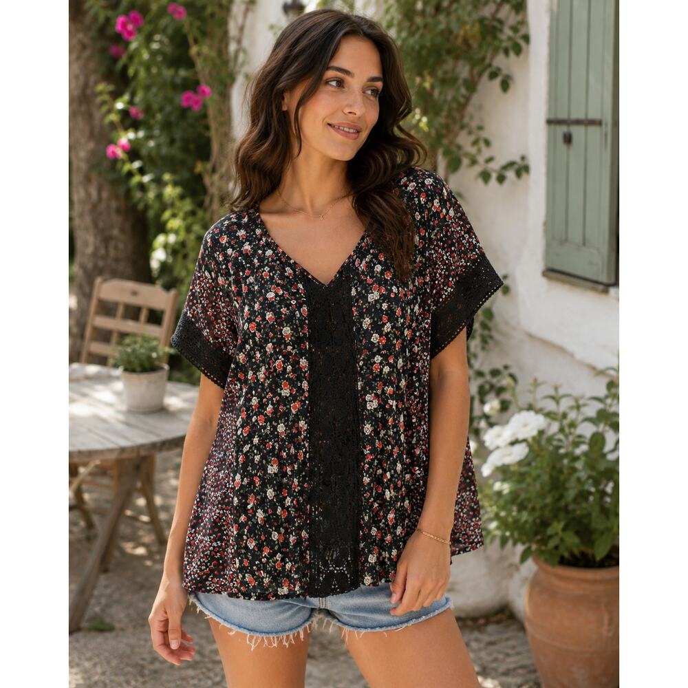 Suzanne Betro Boho Peasant Tunic Blouse Womens 1X Lagenlook Crochet Goth